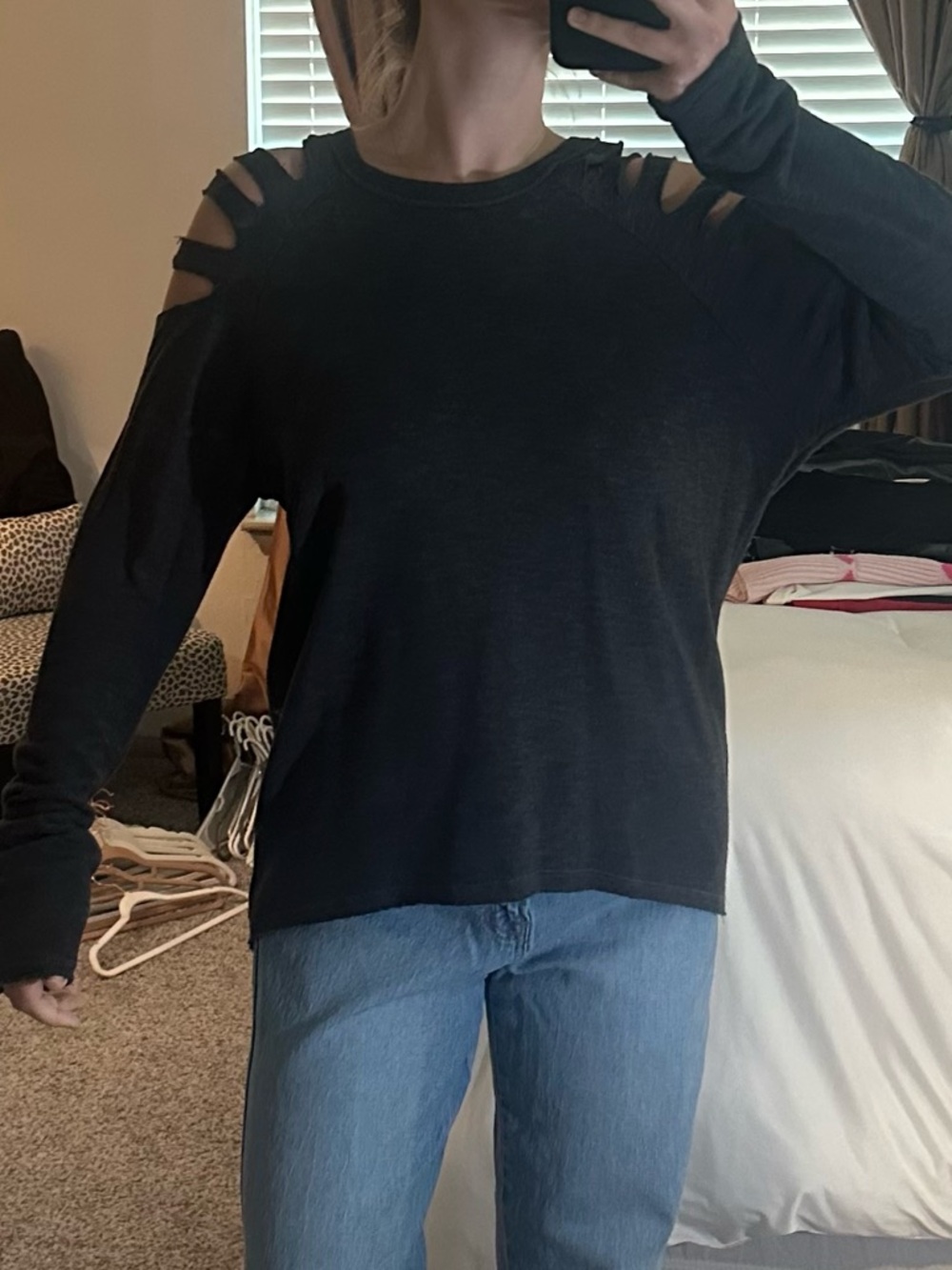 Elan Black Distressed Cold-Shoulder Long Sleeve Tee